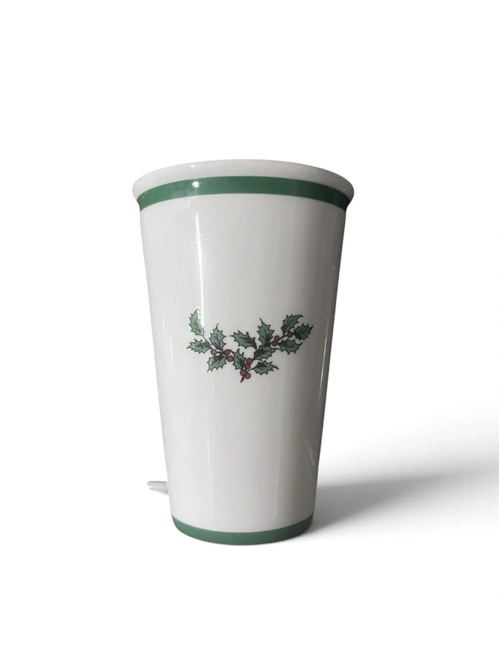 Spode White Travel Mug with Green Lid and Christmas Tree Motif